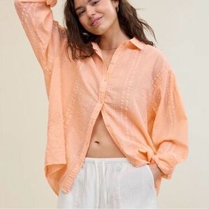 AerieLight Peach Textured Button-Down Shirt - Women xxs oversized